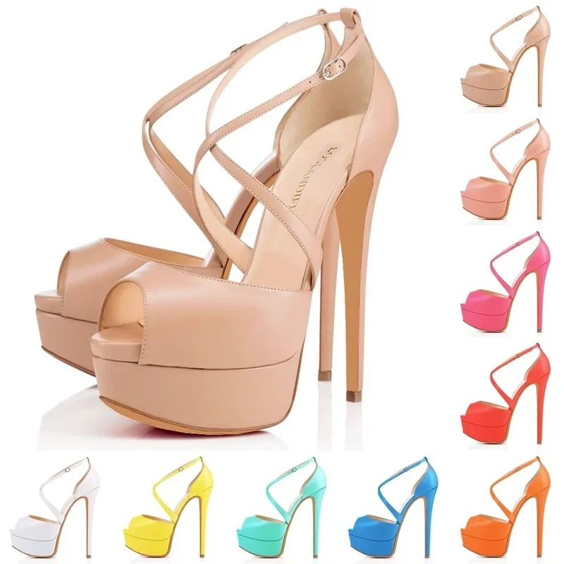 Women Sandals Nightclub Sexy Ankle strap Sandal Ultra Fashion 14cm Super High Heels Pumps Leather Platform Bride Shoes Plus Size