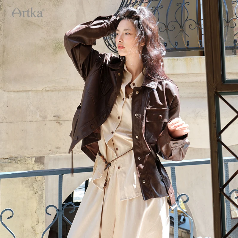 

ARTKA 2025 Autumn New Women PU Jacket Fashion Casual Brown Jacket Coat Single-breasted PU Leather Jackets With Belt WA32056Q