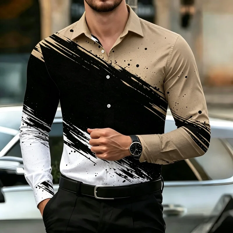 2026 New Men's Shirt Street Style Shirt Splicing Graffiti Printed Long Sleeve Shirt Personalized Trendy Business Casual Top