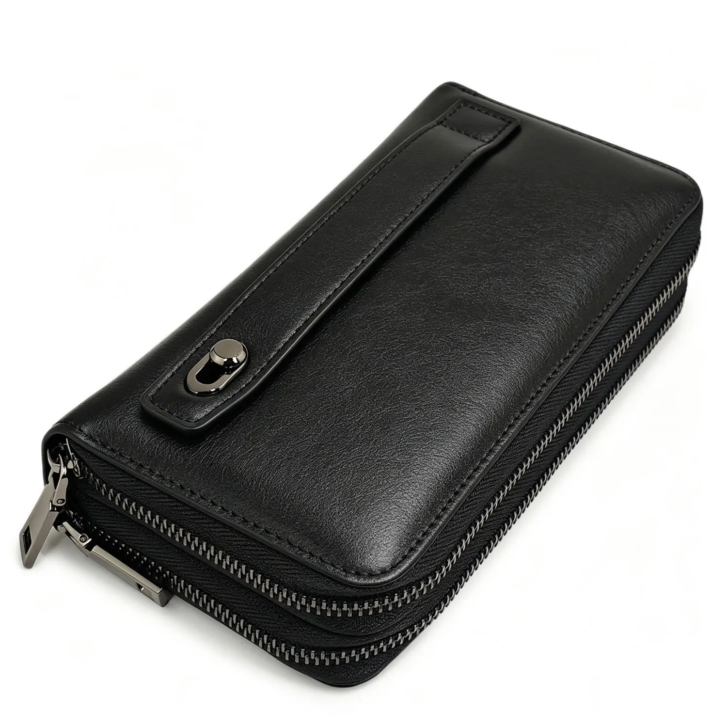 Large Genuine Leather Wallet Men Vintage Cow Leather Purse Black Male Cowhide Clutch Hand Bag with Wristlet