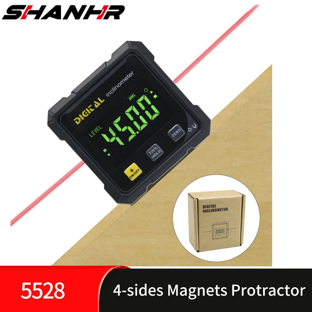 SHANHR Digital Angle Finder with Electronic Laser 4-Side Strong Magnetic Angle Gauge Woodworking Measuring Tool