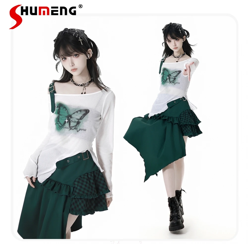 

Fashion Cool Girl Summer Outfit Off-Shoulder Long Sleeve Butterfly Print Shirts High Waist Irregular Skirts Two-piece Sets Women