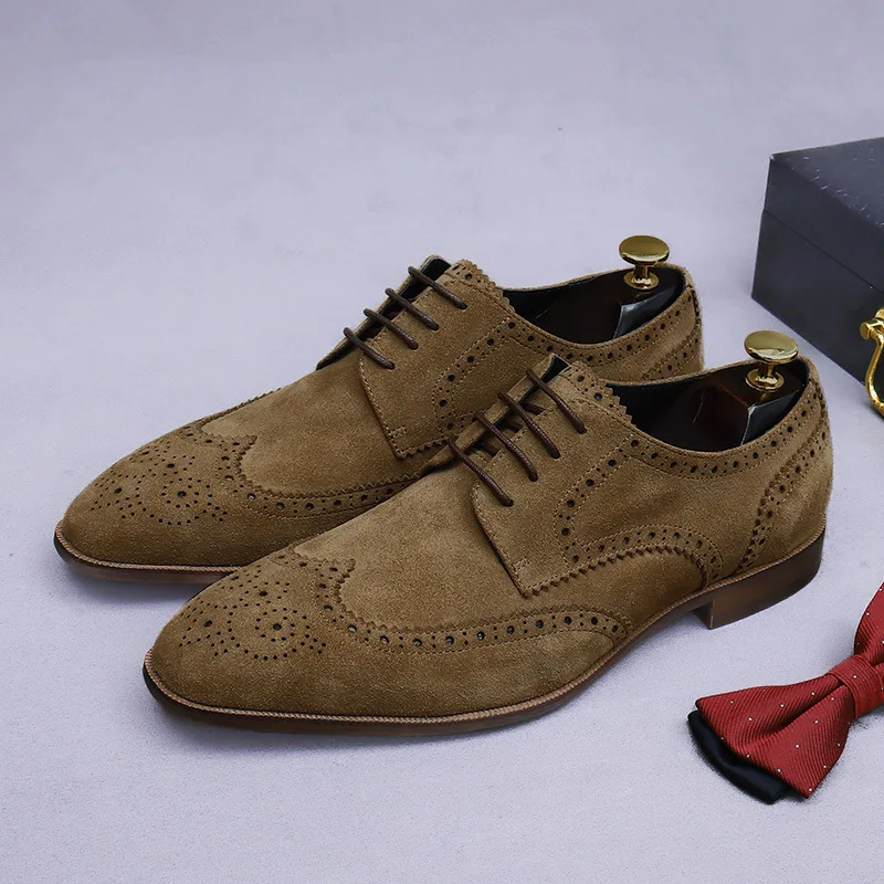 

New Brogue Leather Business Formal Leather Shoes Men's Handmade Cow Suede Men's Frosted British Style Suede Carved Men's Shoes