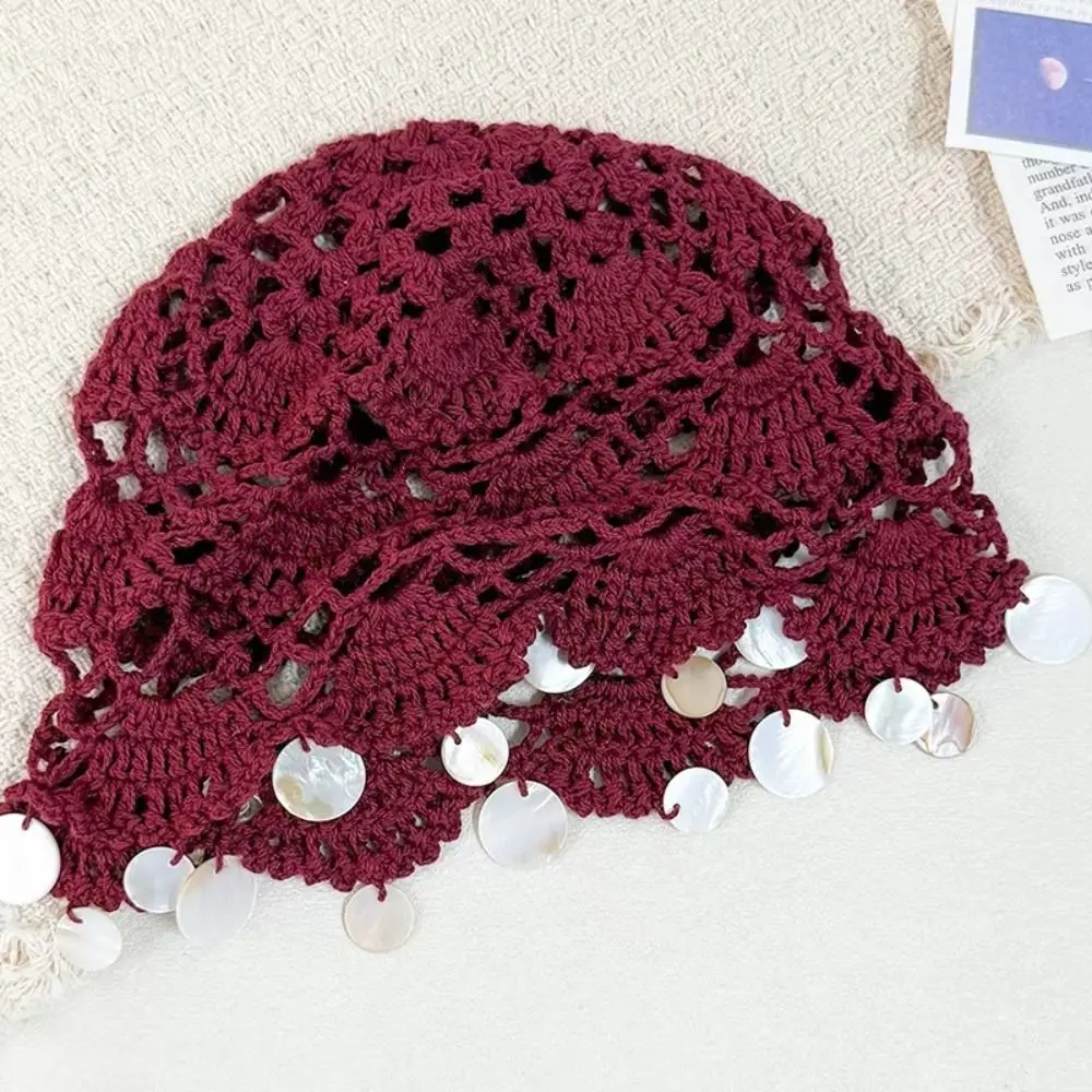 Casual Elegant Hollowed Out Knitted Hat Solid Color Thin Bohemian Style Beanies Korean Ethnic Style Shell Tassels Hat Outdoor