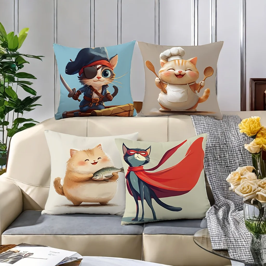4pcs Modern cute cat patterns Single-sided printing Short plush Suitable living rooms bedrooms sofas (excluding pillow cores)