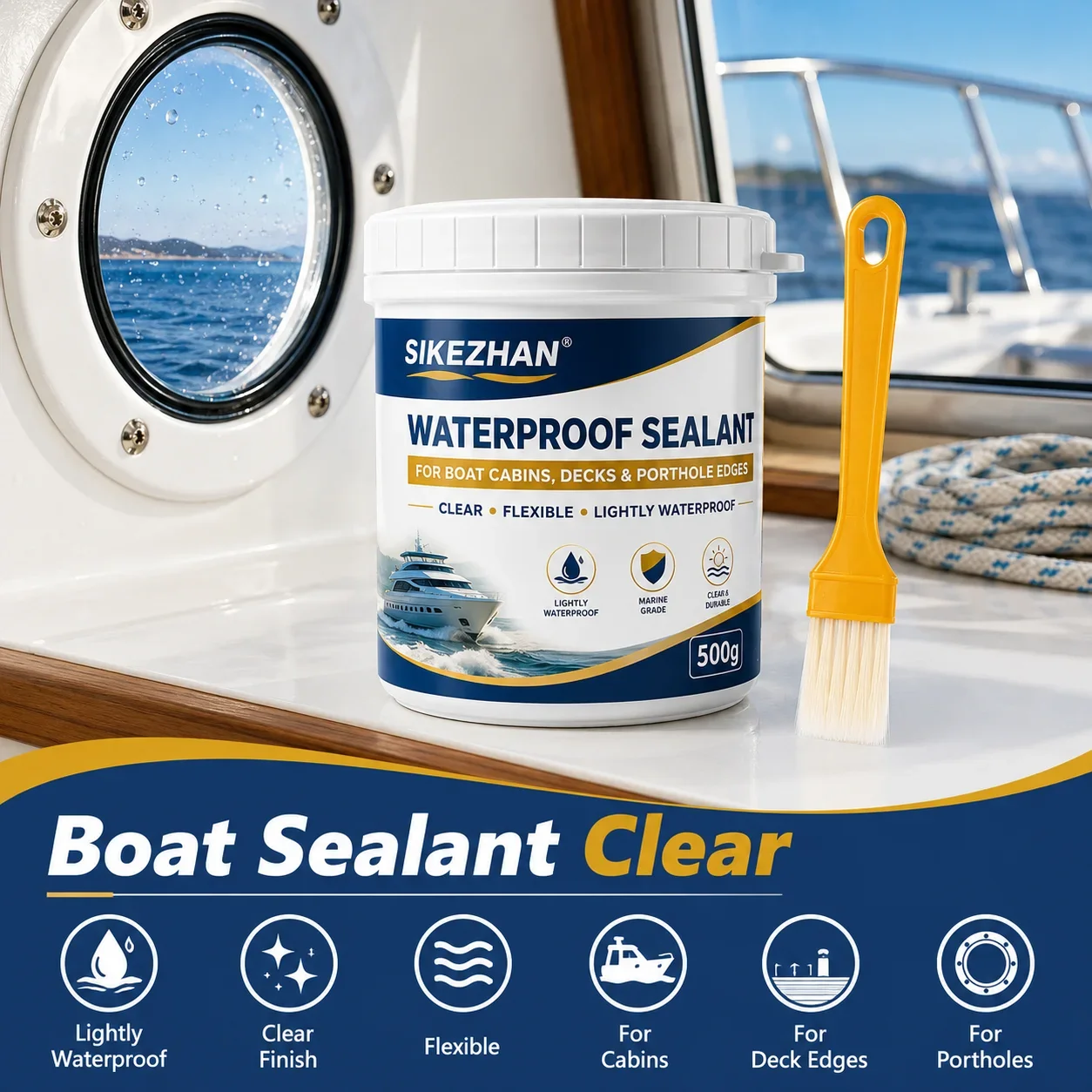 SIKEZHAN 500g Clear Marine Sealant, Flexible Waterproof Sealer for Boat Cabins, Decks and Porthole Edges, with Application Brush