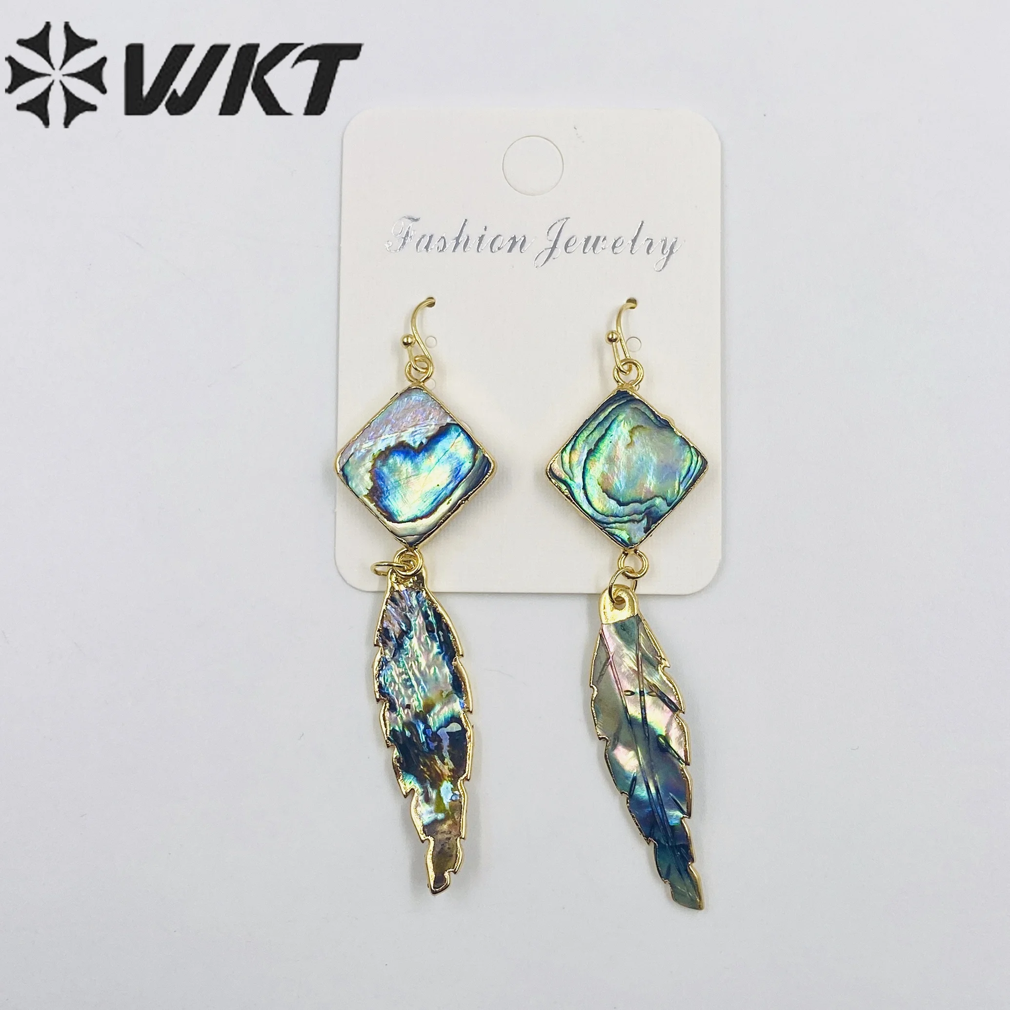 WT-E326 Wholesale Natural Abalone Shell Earrings Unique Design Elongated Feather Shell Earrings Summer Pop