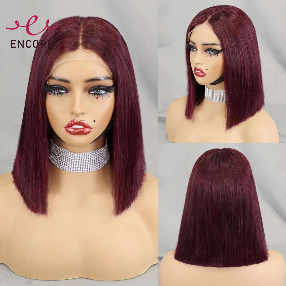 

5x5 Lace Closure Glueless Wig 350% Density Remy Human Hair Wigs Burgundy Straight Short Bob Wigs 10 Inch Transparent HD Lace Wig