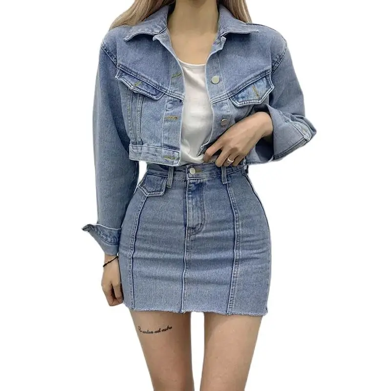 Skirt Suit High Quality Lapel Long Sleeve Blue Denim Women Button-Up Jacket And Mini Skirt 2024 Streetwear Two Piece Set