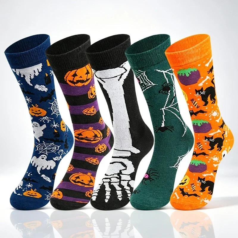 5Pairs Halloween Novelty Socks Men Women Funny Pumpkin Ghost Skeleton Spider Cat Print Mid‑Calf Socks Holiday Party Cosplay Sock