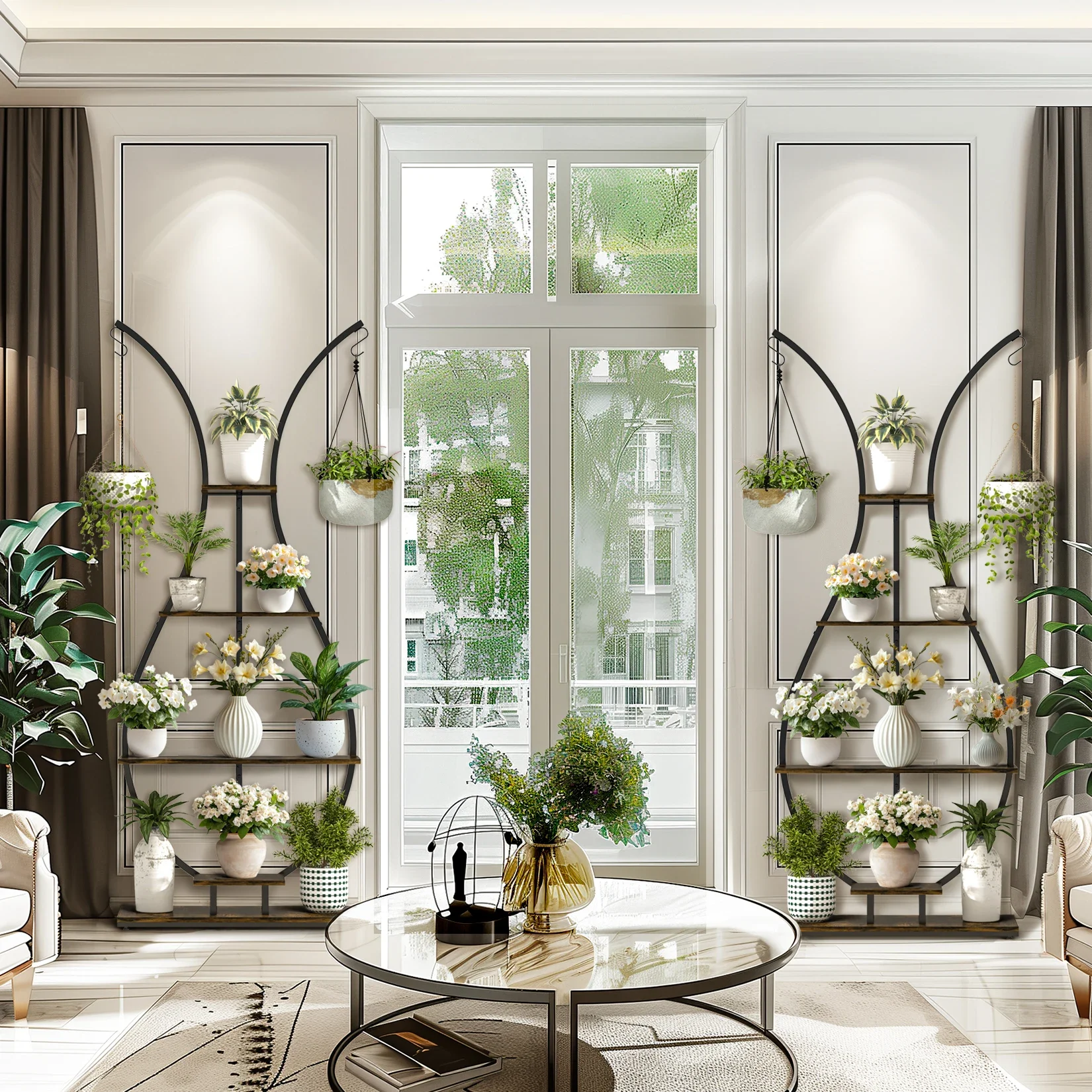 5 Tier Tall Plant Stand Indoor Vase-Shape Metal Plant Shelf with Hanging Hook, Multiple Planter Display for Home Decor Living