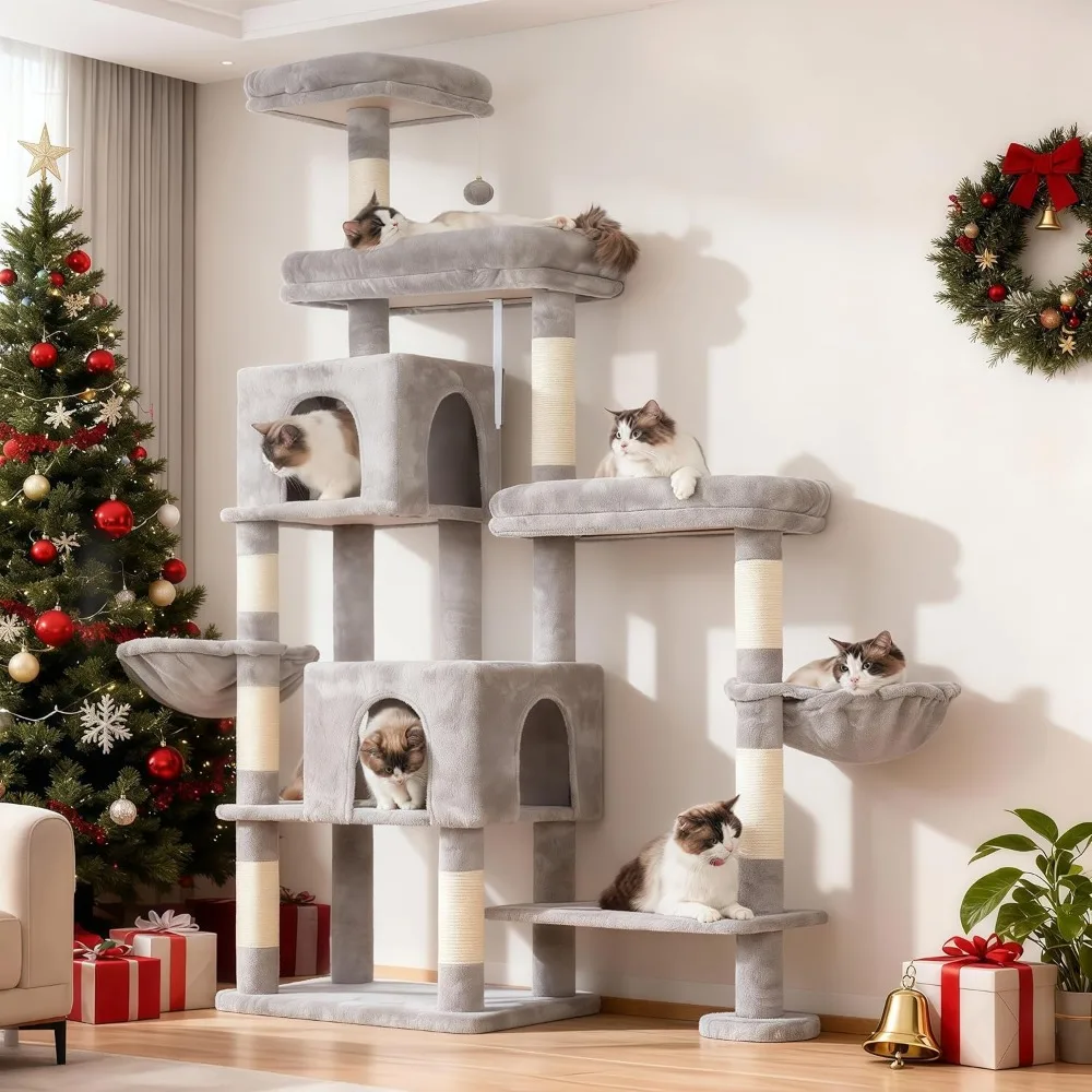 

Cat Tree Tower, Scratching Posts with a Extended Part, Wide Platforms, Cozy Condos, Hammocks, Sisal Columns and Ball