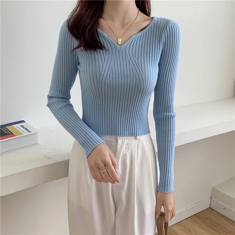 Rib Knit Sweater for Women Pullovers Fitted Sweetheart Neckline Long Sleeve Plain Jumper Teen-girl Fall Winter Basic Outfit