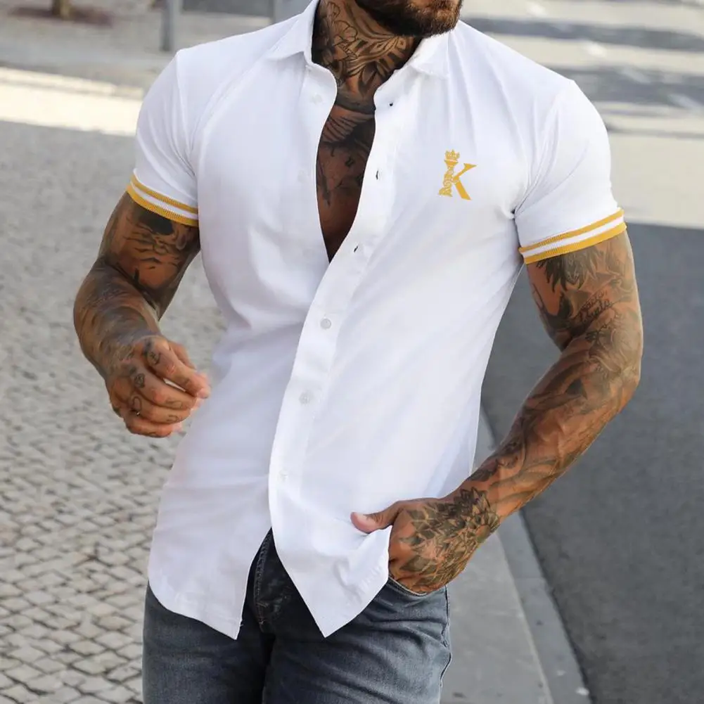 Men Casual Turn-down Collar Button-up Cardigan Tops Summer Fashion Letter Print Shirts Mens Clothes Short Sleeve Streetwear