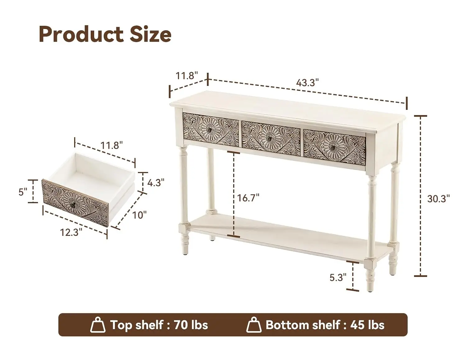 Console Table with 3 Drawers, Narrow Entryway Table with Storage Shelf, Wood Accent Sofa Table for Living Room,, Customized view 3