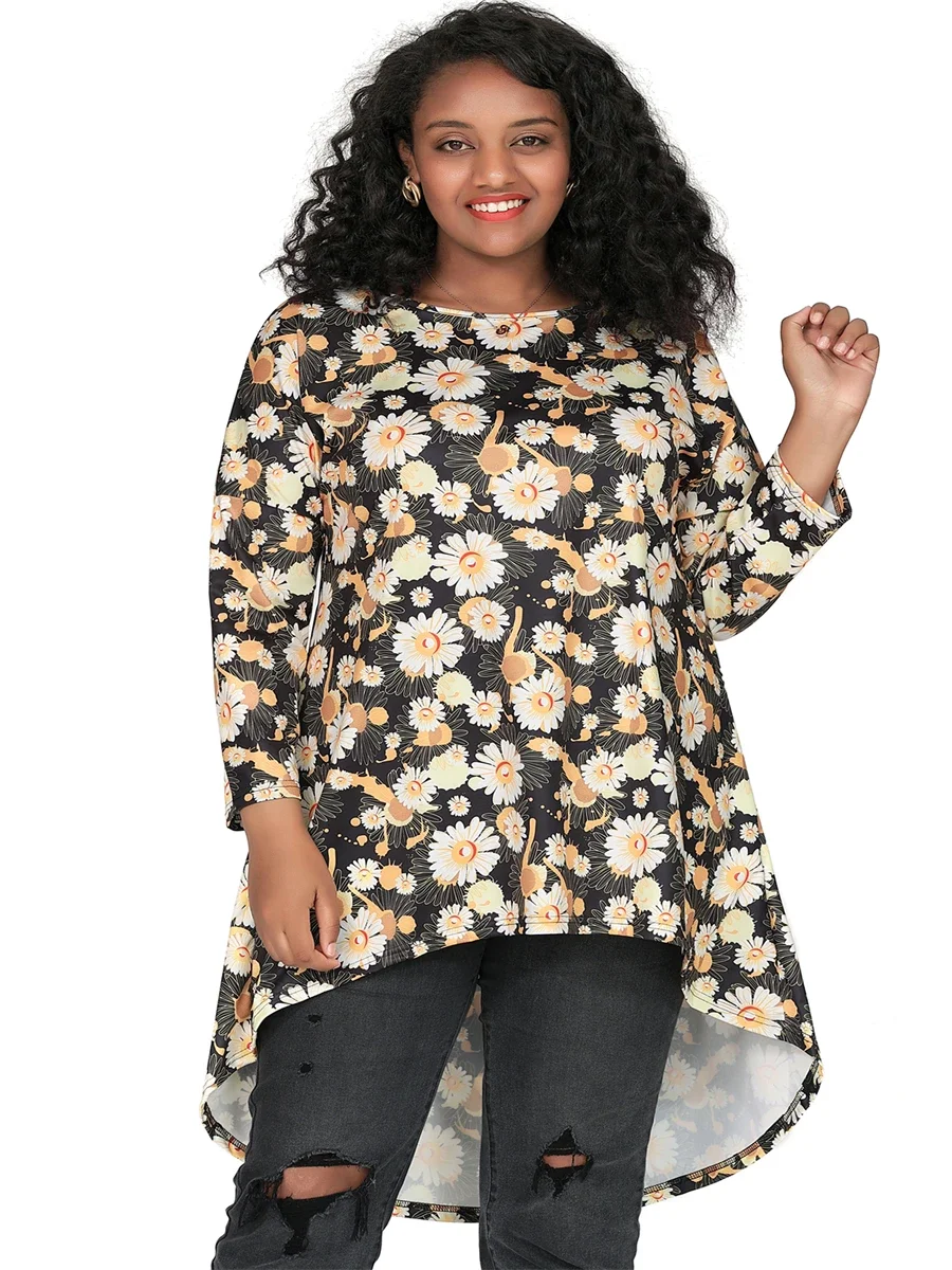 Plus Size Long Sleeve Daisy Floral Print Boho Tunic Tops Women Long Loose Spring Autumn Casual Swing Blouse Large Size Clothing