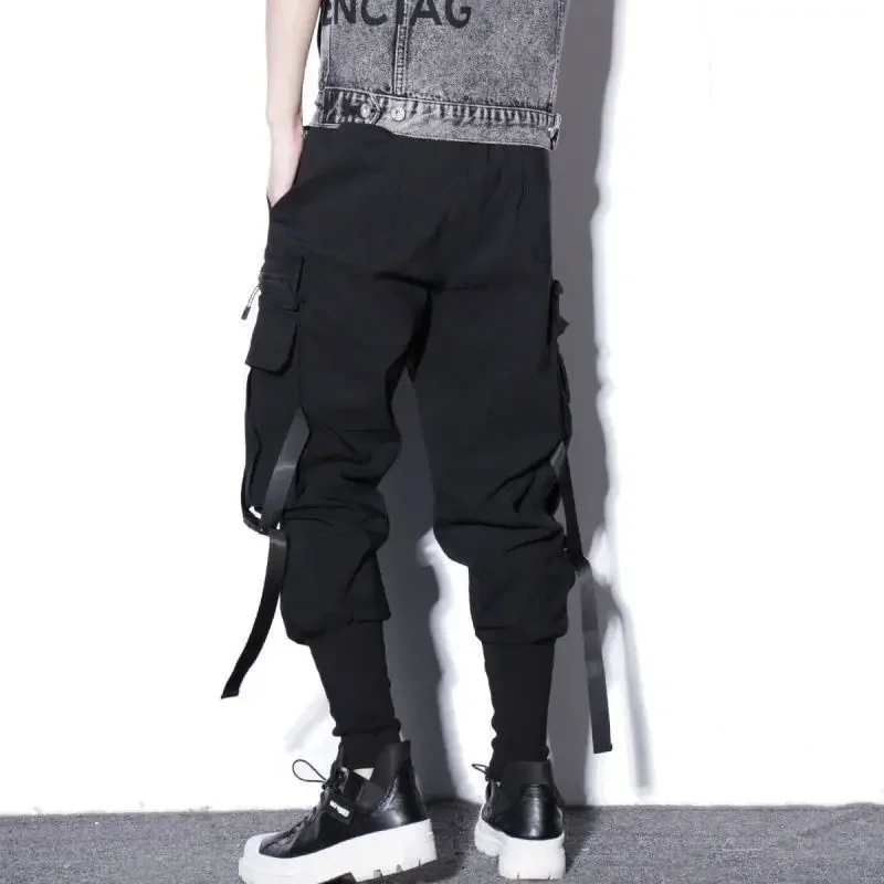 Harajuku moda Cargo spodnie Jogger mężczyźni na co dzień sport czarny spodnie męskie spodnie kieszenie dekoracje wstążki męskie odzież Hip hopowa