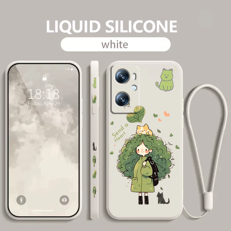 Green Haired Girl Cute Liquid Left Rope For OPPO Find Reno 7 6 X6 X5 X3 X2 A98 A96 A15 A53 A74 A72 A5 A16K 5G S 2020 4G Back