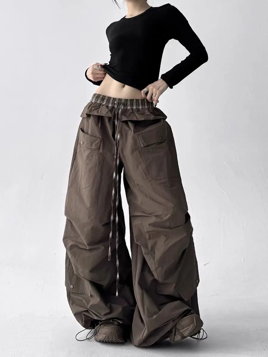 [Quick-drying] Retro Spice Girl American Fart Curtain Double Waist Drawstring Casual Pants Loose Pocket Overalls Wide Leg Pants