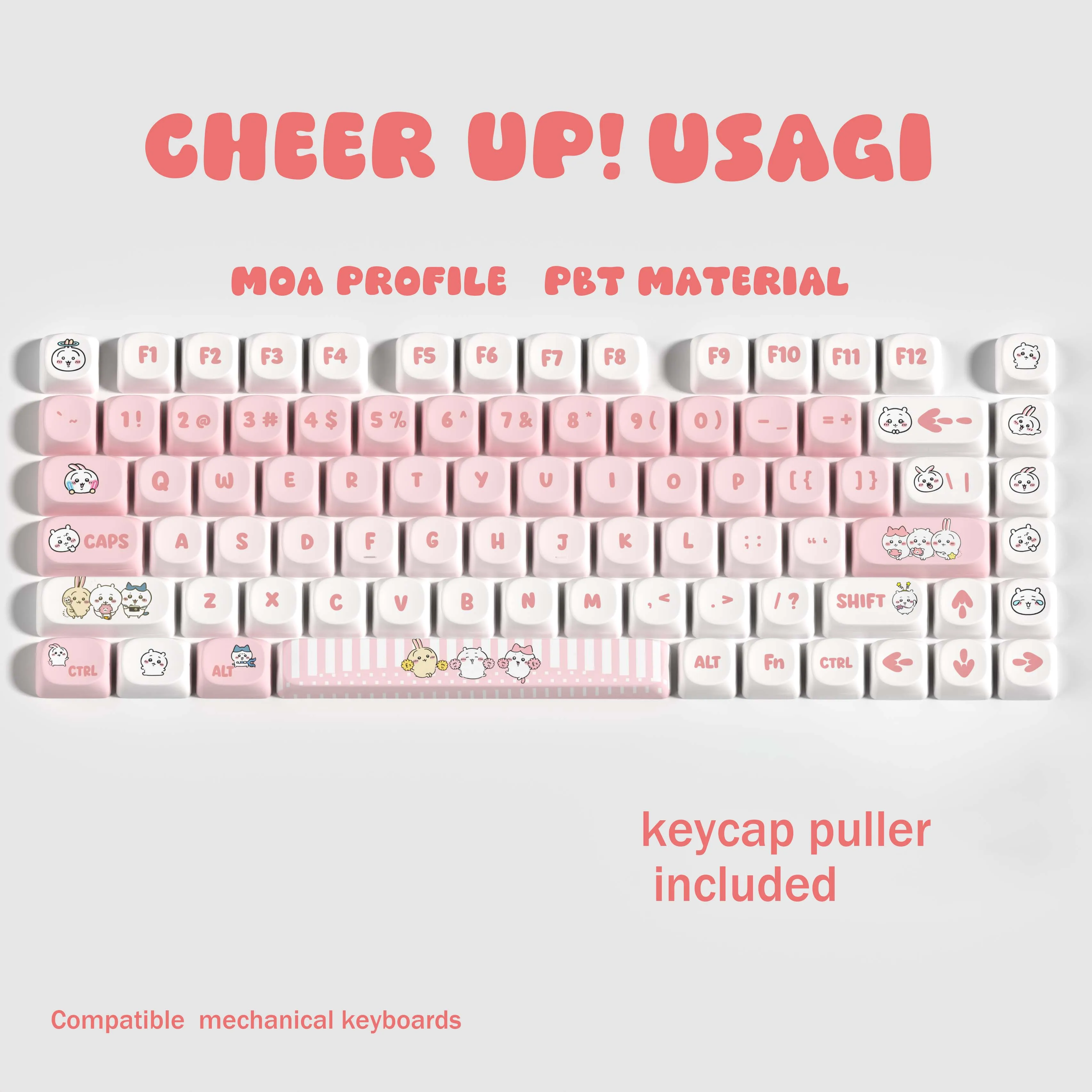 Cheer-Up Usagi Keycaps MOA Profile PBT Material Kawaii Keycaps أغطية مفاتيح متينة مع تصميم أرنب لطيف