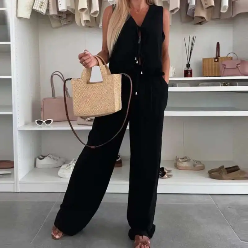 Letni koronkowy patchworkowy garnitur wakacyjny Lady Fashion Hollow Sleeveless Beach Outfit Casual V Neck Tie Up Top + Long Pants Two Piece Set