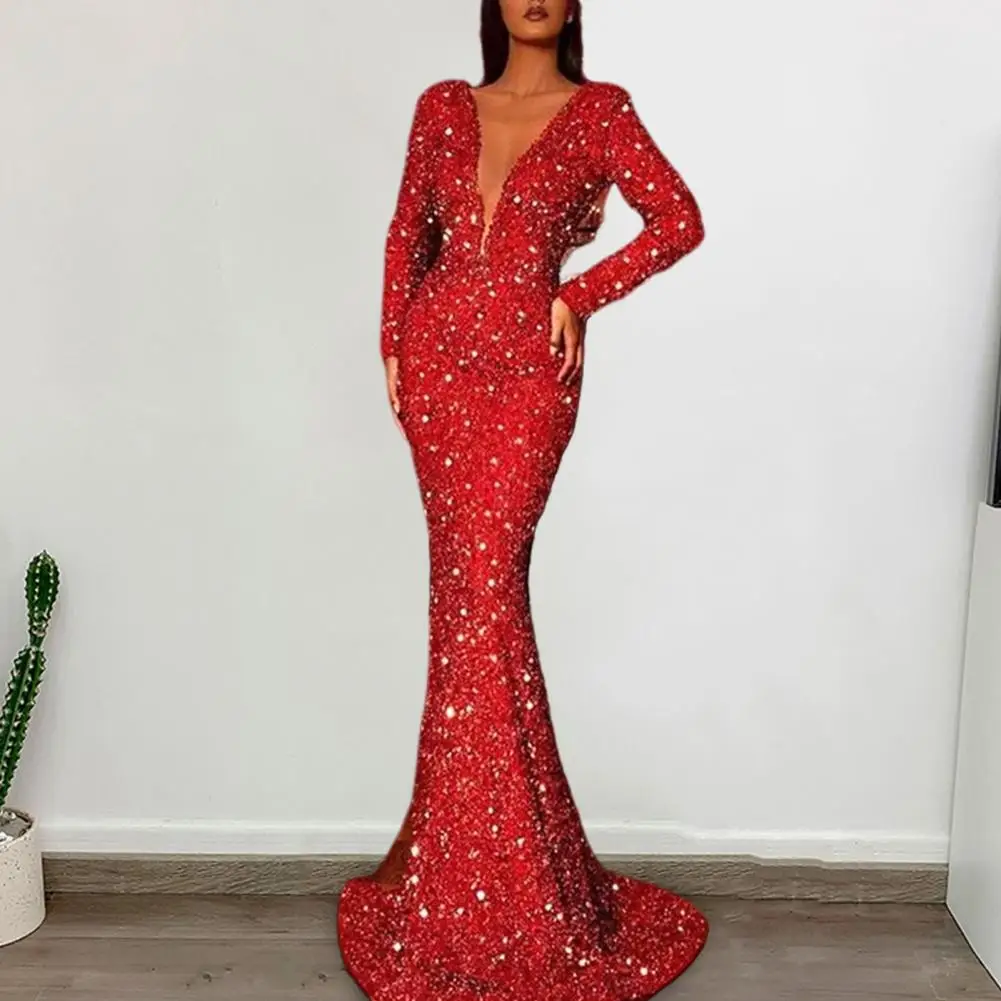 

Red Fishtail Gown Elegant Sequin Evening Dress with Deep V Neck Fishtail Hem Women's Slim Fit Maxi Dress for Special Occasions