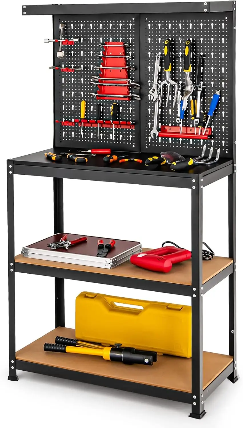 

Goplus Work Bench, 32" x 16" Work Table with Pegboard, 14 Hanging Accessories, 2 Open Shelves, Heavy Duty Steel Tool Bench,