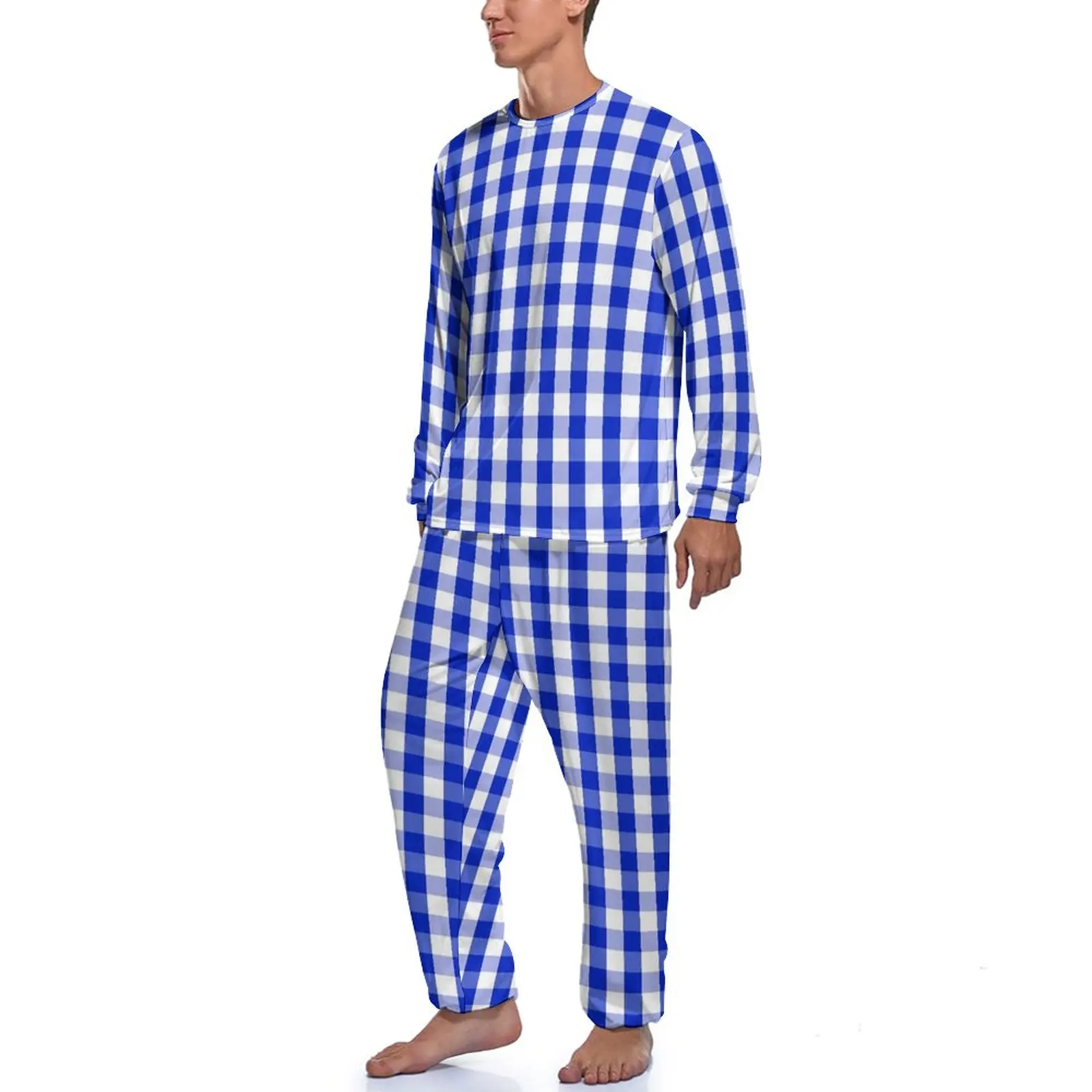 Blue And White Gingham Pajamas Man Check Plaid Squared Fashion Sleepwear Autumn Long Sleeve 2 Pieces Bedroom Pattern Pajama Sets