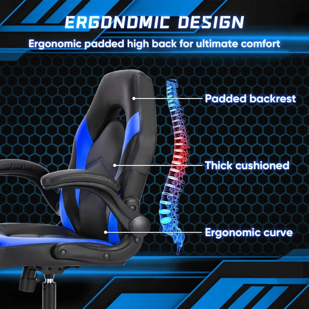 Cadeira ergonômica grande e alta do escritório doméstico, suporte lombar de couro PU, videogame de costas altas, apoio de braço flip-up