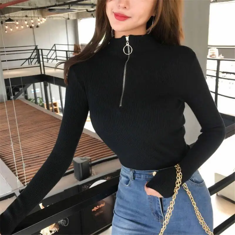 Women's Black Sweater 2026 Fall New Half-High Neck Slim Fit Long Sleeve Zipper T-Shirt, Retro Street Style Basic Undershirt