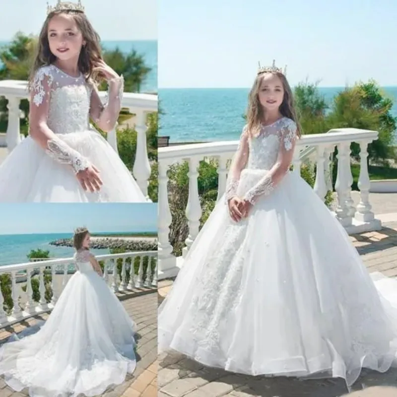 White Flower Girl Dress Beautiful Tulle Lace Appliques Pearl Long Sleeves Fit Wedding Birthday Princess Pageant Gown