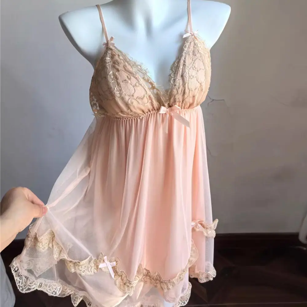 Abito da pigiama da donna casual in pizzo Bowknot Abito da pigiama con volant a fiori Camicia da notte senza maniche Homewear Camicia da notte con imbottiture Club