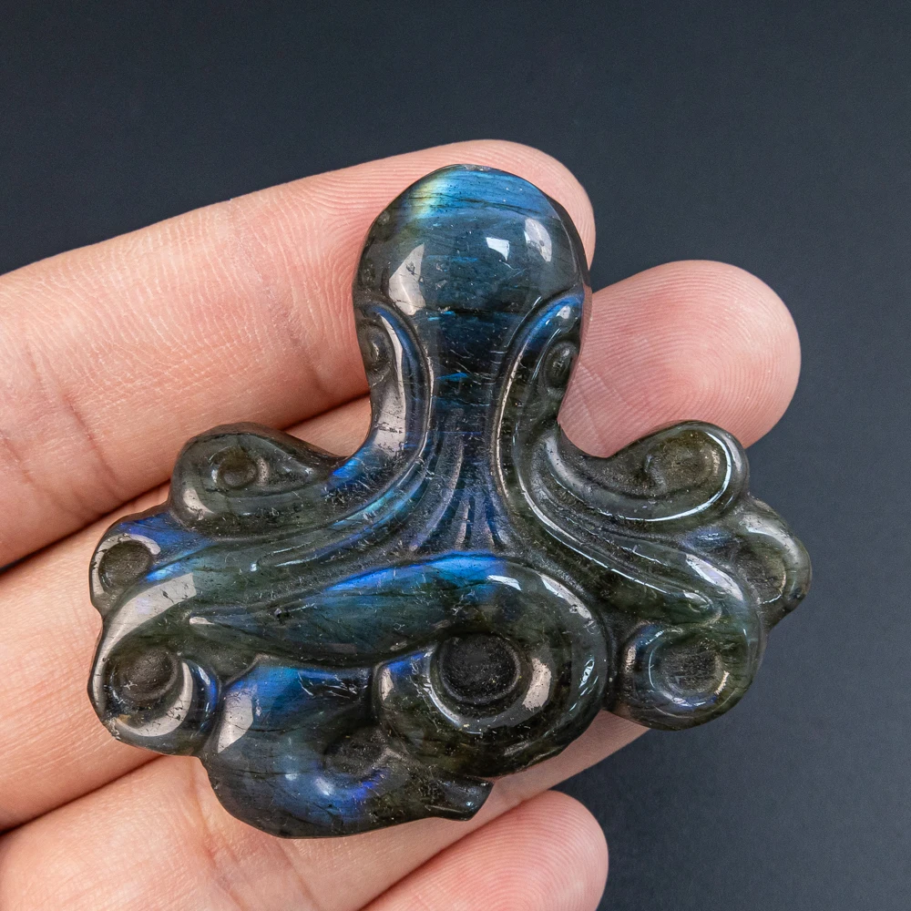

1 шт. синий вспышка лабрадорит кулон DIY 53X55X9 мм резной драгоценный камень осьминога с отверстием для принадлежностей для изготовления ювелирных изделий