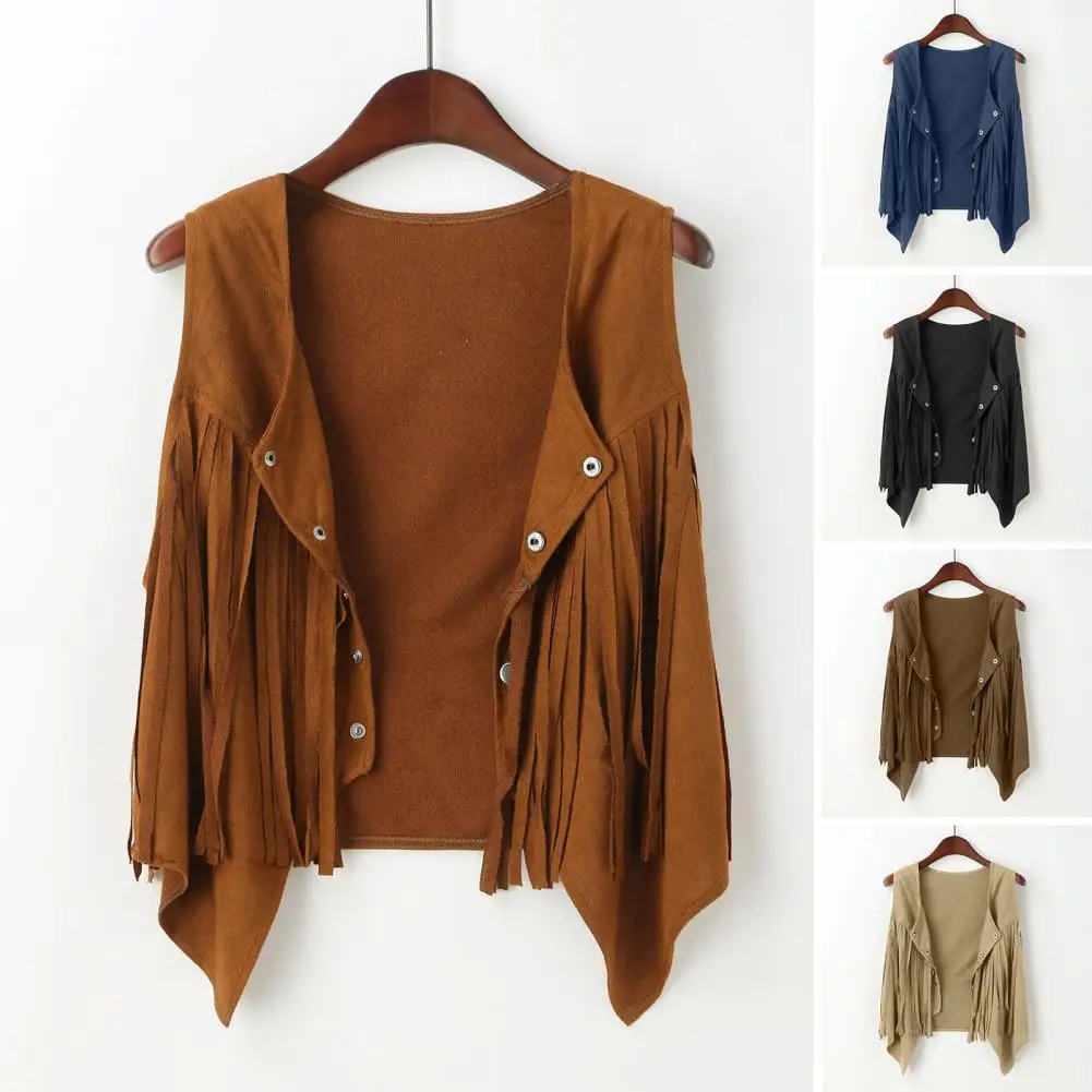 

Vest Vintage Hippie Fringe Tassel Vest for Women 70s Western Style Cardigan with V Neck Retro Lady Jacket Solid Color Retro