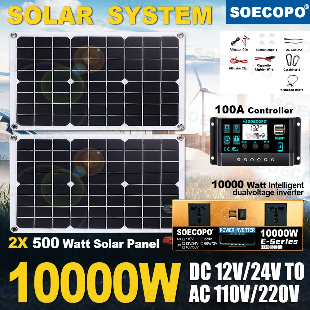 Kit de Energia Solar SOECOPO 10000W com 2 Painéis Solares de 500W, USB 5V/1.5A, Inversor DC 12V - AC 110V/220V, Controlador 100A para Camping e Casa