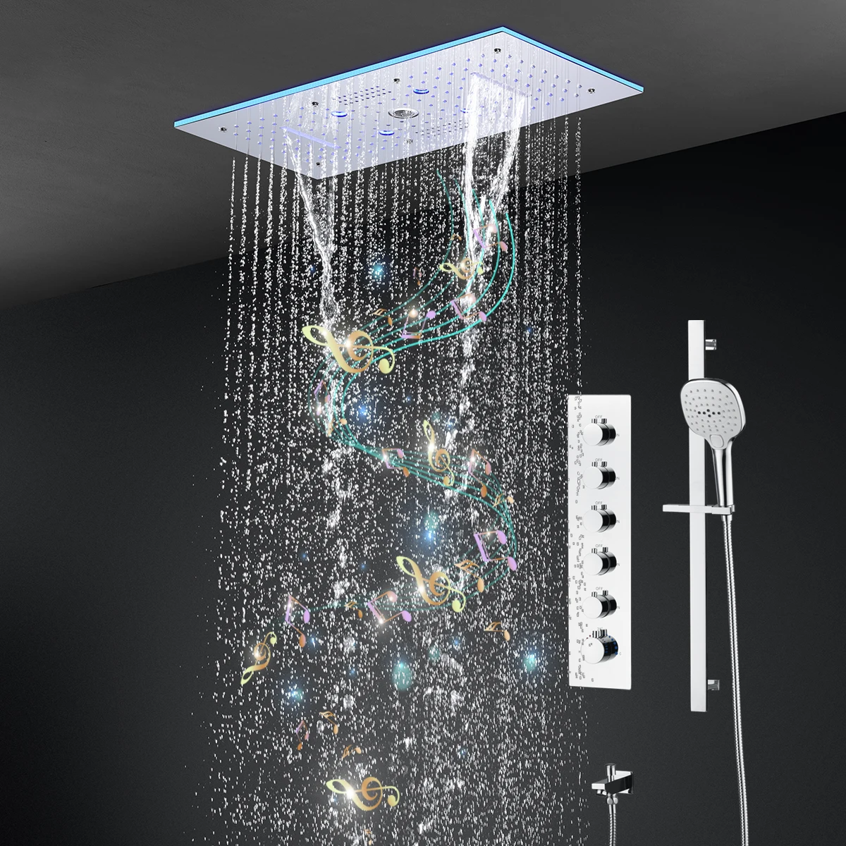 24x12Inch 600x300mm Music RGB LED Shower Head Panel Faucet Set Constant Temperature Thermostatic Vertical Mixer Valve System