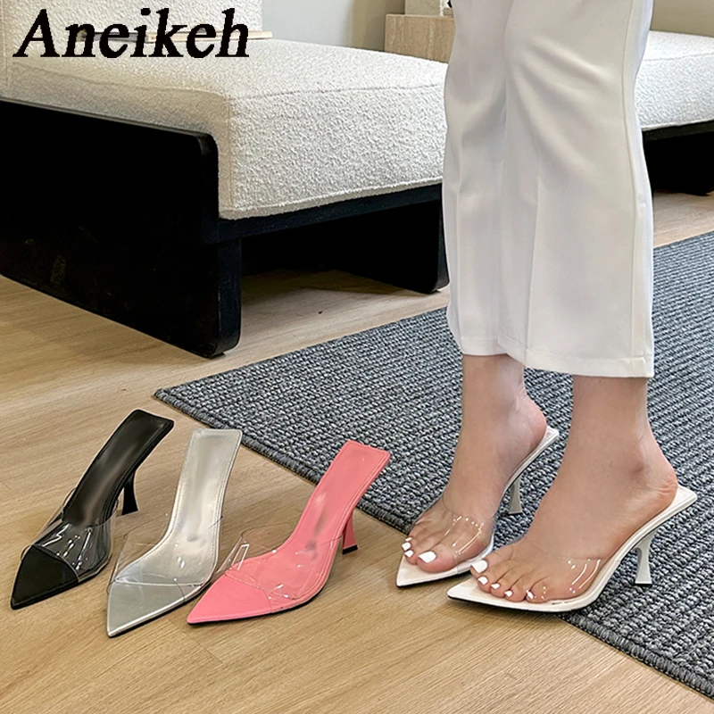 Aneikeh NoveltyPVC Transparent Sandals Pointed High Heel Slippers Elegant Comfortable Summer Slim Heel Slippers Party Mules Shoe