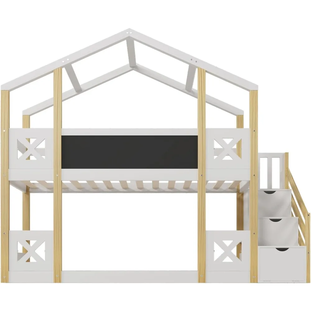 سرير بطابقين مزدوج للأطفال بتصميمات هاربر آند برايت مع درج تخزين وألواح سوداء، سرير بطابقين خشبي مزدوج فوق توأم، بطابقين منزلي #6
