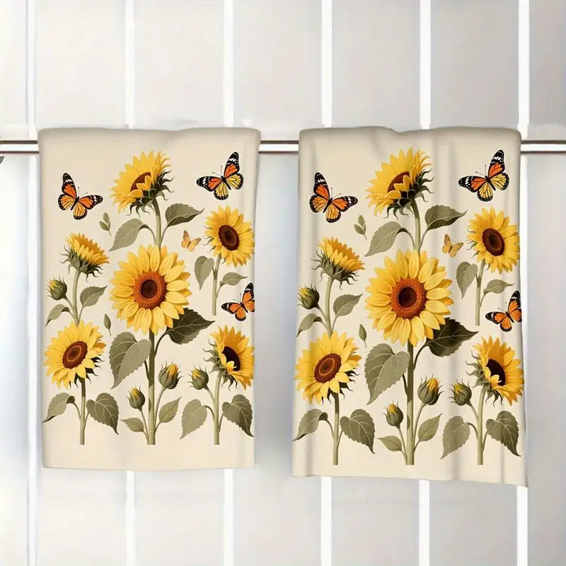 Pack of 2, Illustration Style 2D Sunflower Kitchen Towel Dish Towel Hand Towel