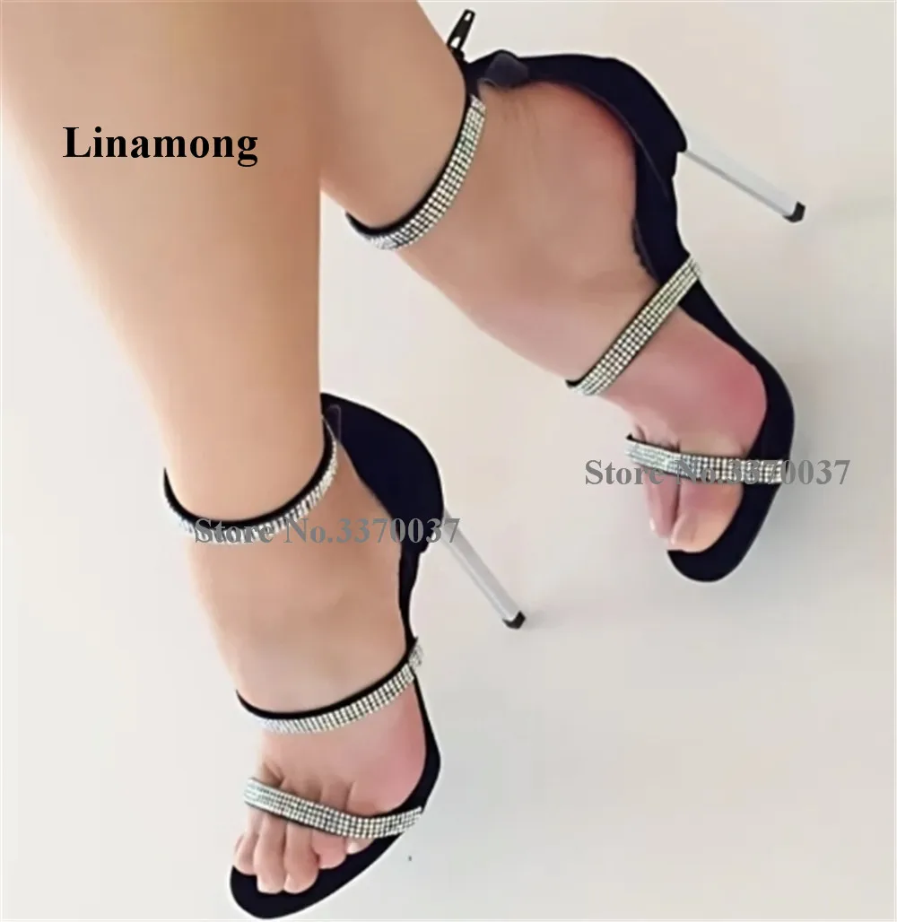 

Linamong Bling Bling Rhinestones Straps Metal Stiletto Heel Sandals Open Toe Black Suede Crystals Thin Heel Wedding Heels