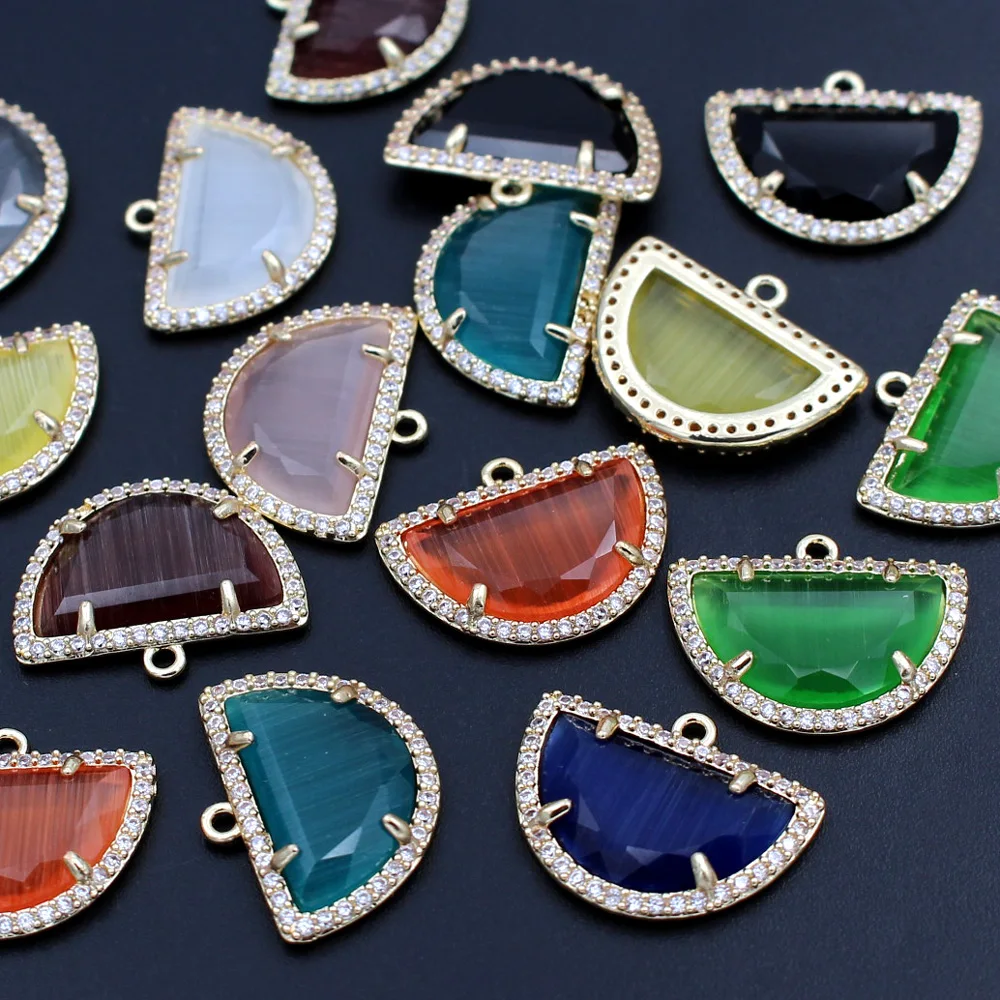6pcs DIY Women Girl Jewelry Accessories Candy Colors Cats Eye Stone Half Circles Half Moons Lunar Pendant CZ Charms