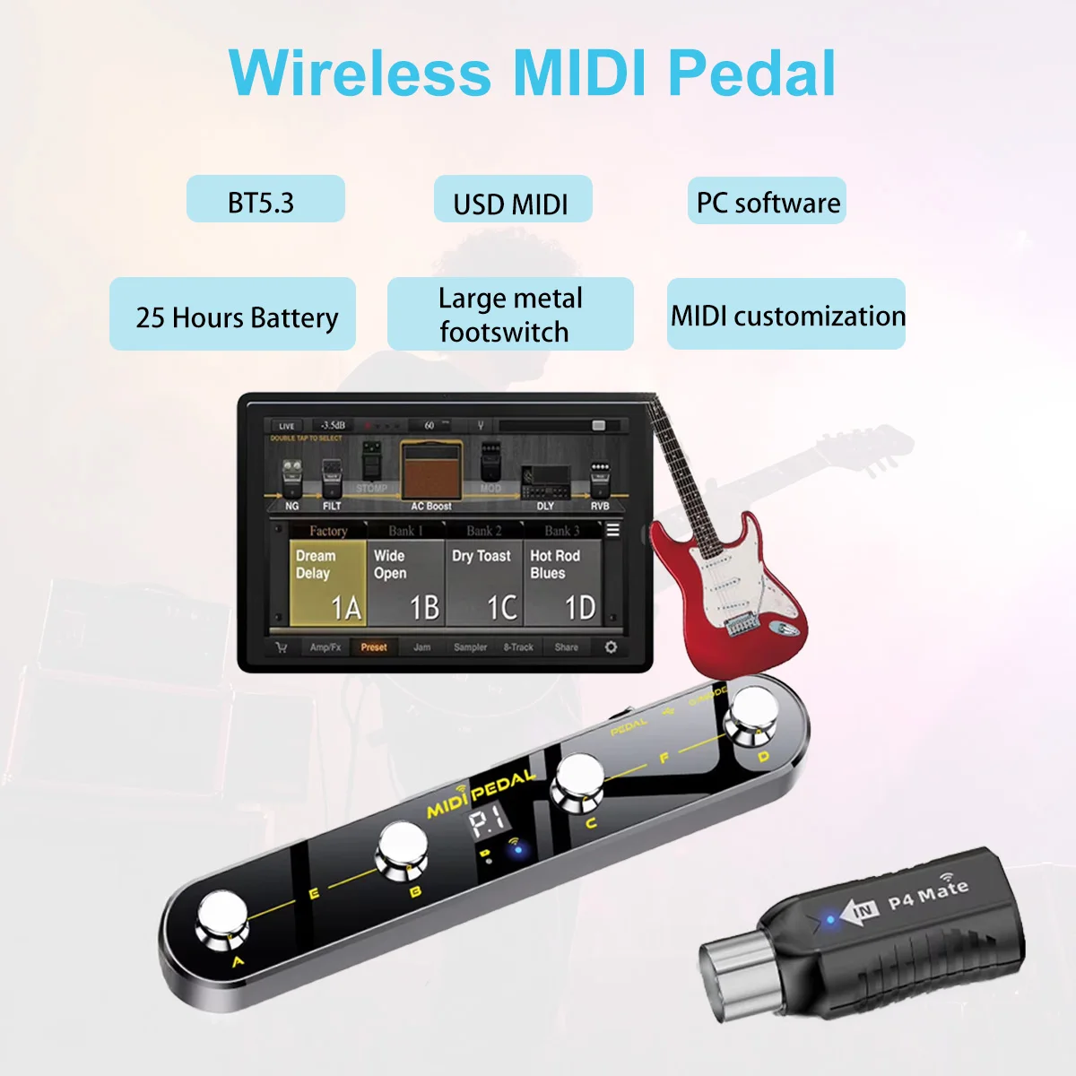 

Беспроводной MIDI-контроллер, педаль, 5 режимов, цифровой дисплей, 25 часов, USB-переключатель, беспроводной приемник для микшера, эффектов электрогитары