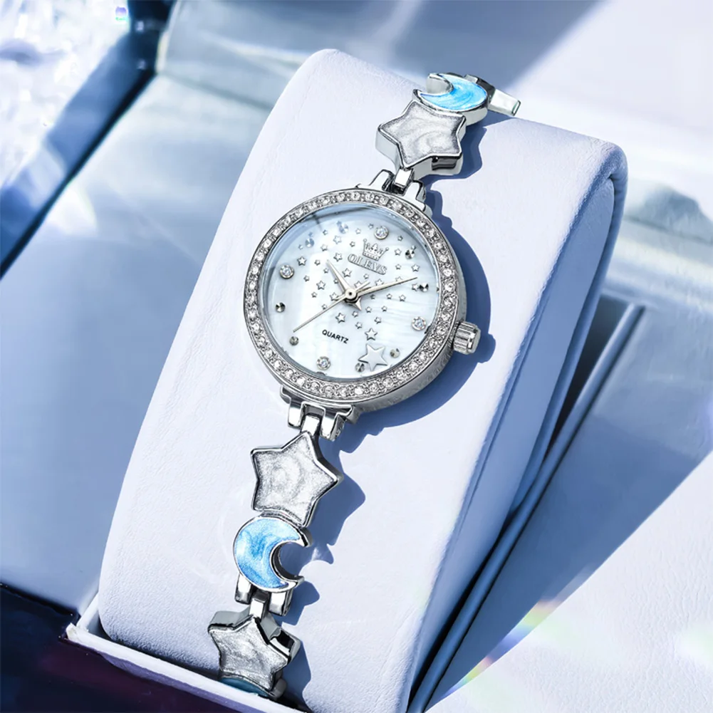 

OLEVS новые женские часы со стразами, модные модные мини-циферблаты со звездой и луной, модные водонепроницаемые часы с 3 барами