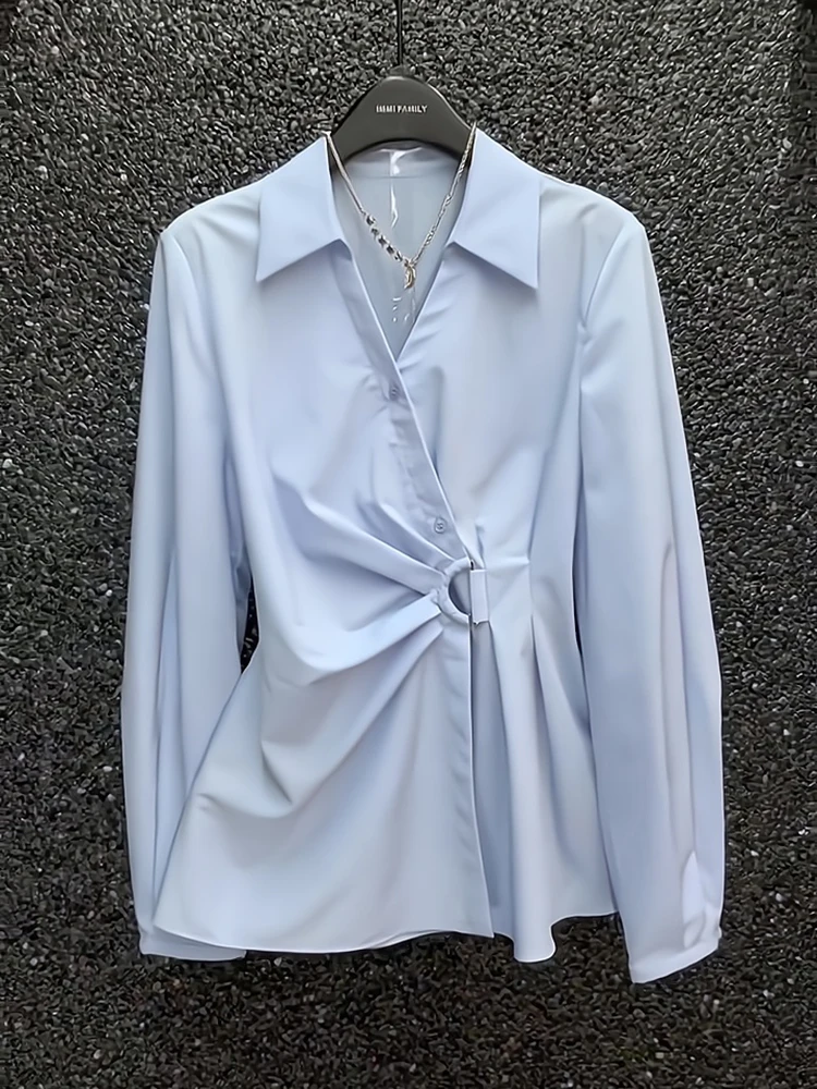 

Blue Loose Fit Asymmetrical Shirt Women's Top Spring Autumn Commute Style Simple Turn Collar Korean Version Casual Wear