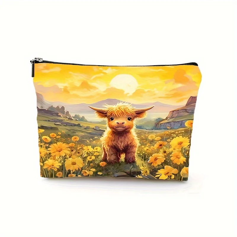 1pc Highland Cow Cosmetic Bag Stylish Floral Design Durable Makeup Organizer Ideal Travel Toiletry Tote Womens Cosmetic Pouch