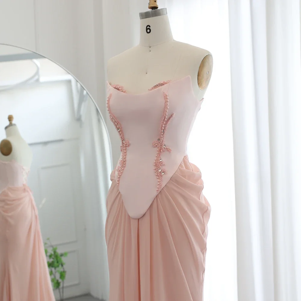 Elegant Strapless Sleeveless Pearls Beads Evening Dresses Fashion Floor Length Pink Mermaid Gowns Sweep Train Party Dresses