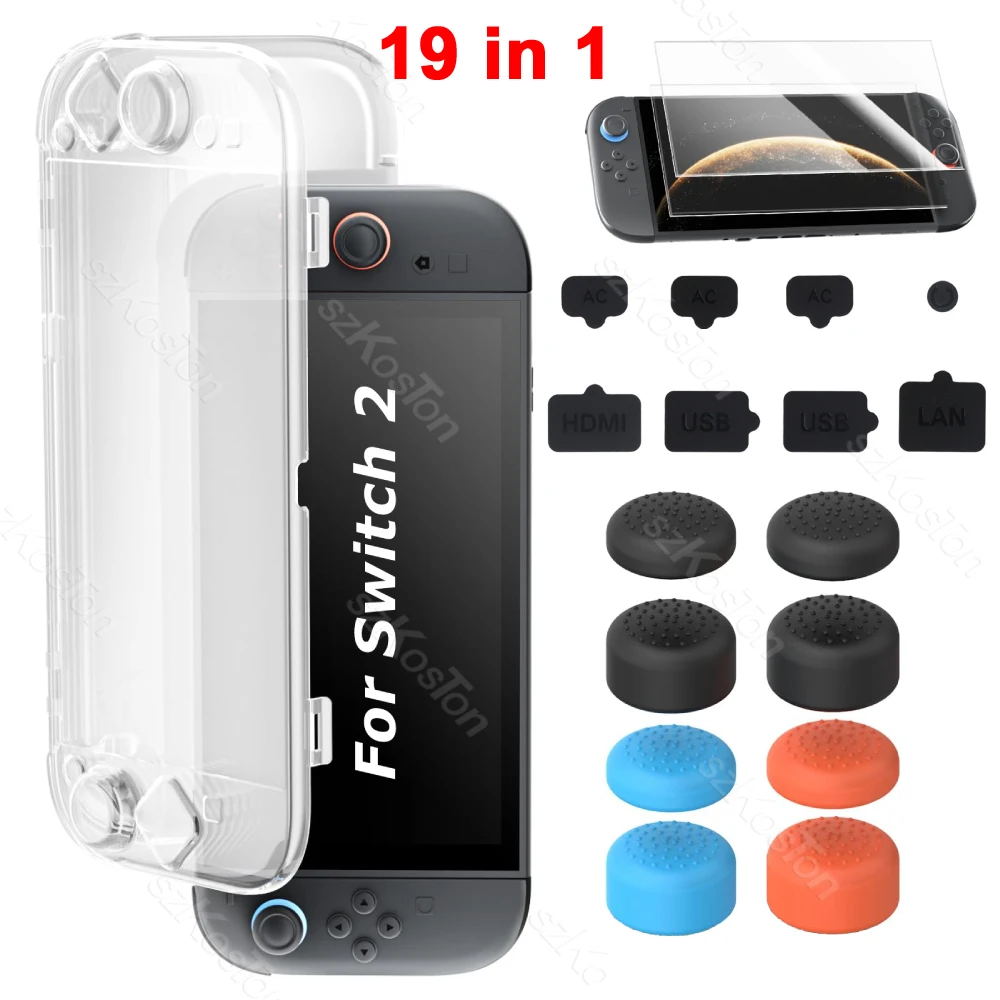 

Набор 19 в 1 для Switch 2, акриловый прозрачный защитный чехол + защитная пленка для экрана + ручка для большого пальца + пылезащитная заглушка, игровые аксессуары «все в одном»