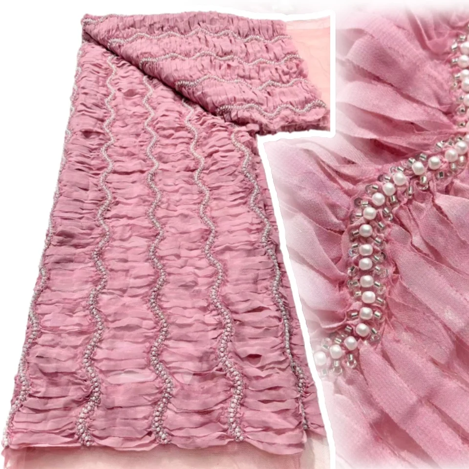 

African Chiffon Tulle Lace Fabric French Luxury Sequins Beads Mesh Lace Fabric Nigerian For Woman Evening Clothes Dresses TP1588