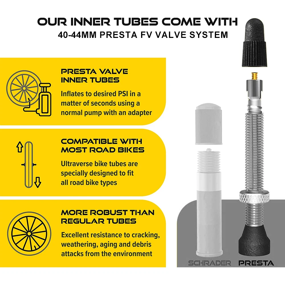 2PcsTubeless Presta Valve Stems 40mm 44mm Presta Pair - Brass Made Round Rubber Base with O-Ring for Better Sealing