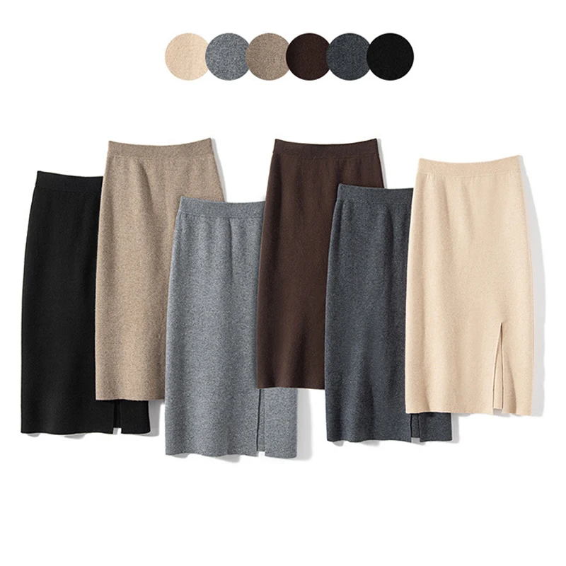 

Осень-зима 202, шерстяная трикотажная юбка для женщин, корейские однотонные эластичные женские облегающие кашемировые юбки с высокой талией средней длины